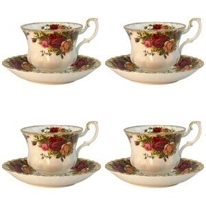 Royal Albert Old Country Roses Teacup & Saucer Set of 4 Floral Gold Bone China